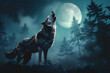 Wolf howling in the forest at full moon night.