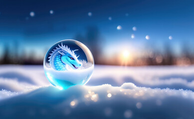 Wall Mural - A beautiful snow globe with an ice dragon on the snow. AI generated.