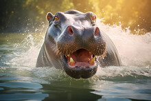 Hippopotamus In The Water.Hippopotamus Amphibius.