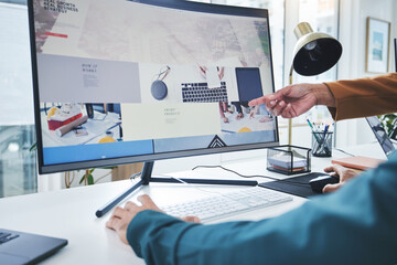 Hands, teamwork and computer for training, coaching or pointing to website design feedback online. Screen closeup, employees learning or mentor on desktop for SEO solution, research advice or support