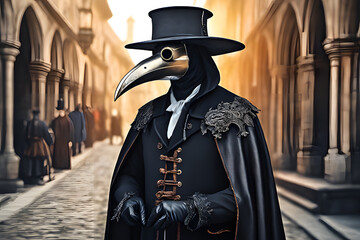 A man dressed with a plague doctor mask and costume from seventeenth-century. Generative AI