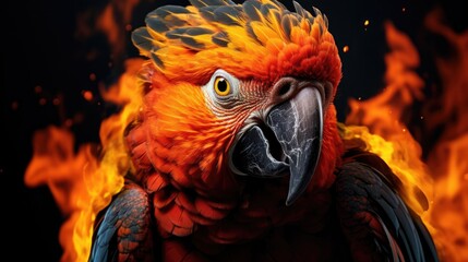 Epic parrot animal portrait, flaming power background, warrior figure, determination ready for action, blazing fire . wallpaper, Generative AI 