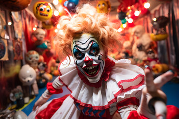 Haunted carnival with creepy clowns and games