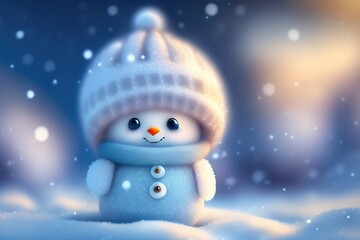 Wall Mural - Christmas decoration with a cute cheerful snowman in the snow in a winter park with beautiful bokeh. AI generated.