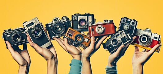 Various hands hold classic cameras, embracing photography's timeless appeal. Concept of artistic expression and visual storytelling through vintage lenses.