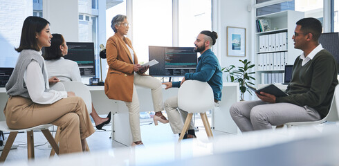 Leinwandbilder - Software, mentor and programmer with business people in office for coding, developer or information technology. Meeting, code review and feedback with employees in digital agency for it cybersecurity