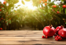 Empty Rustic Old Wooden Boards Table Copy Space With Pomegranate Bushes Or Small Trees Orchard In Background. Some Fruits On Desk. Product Display Template. Generative AI