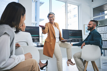Leinwandbilder - Training, mentor and programmer with business people in office for coding, developer or information technology. Meeting, code review and feedback with employees in digital agency for it cybersecurity