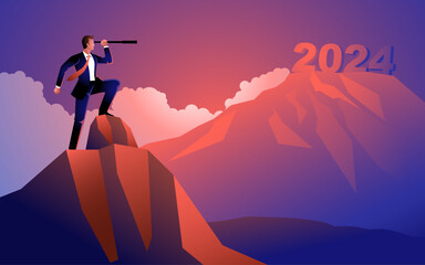 businessman looking at the fuzziness of the year 2024 through telescope, forecast, prediction in bus