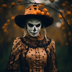 Wall Mural - spooky scarecrow woman with a pumpkin for halloween