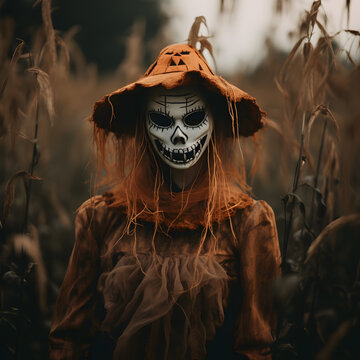 spooky scarecrow woman with a pumpkin for halloween