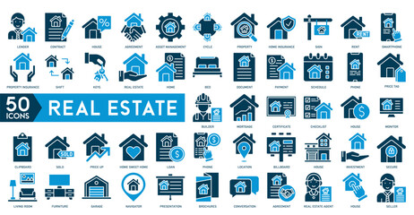 real estate icons vector house, estate document, rent signboard, sold, apartments, search, home protect icon