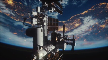 Wall Mural - rotating International Space Station illuminated by the sun seen from a space probe revolving around the planet. Elements furnished by NASA