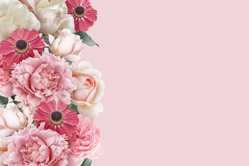 Wall Mural - Floral banner, header with copy space. Pink peony, ivory roses  isolated on pastel background. Natural flowers wallpaper or greeting card.