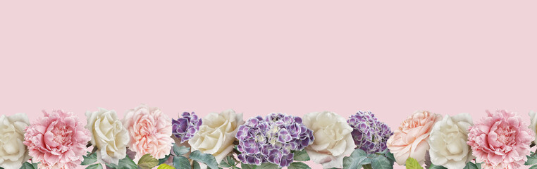 Wall Mural - Floral banner, header with copy space. Pink peony, ivory roses  and purple hydrangea isolated on pastel background. Natural flowers wallpaper or greeting card.