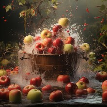 Bowl Of Apples With Water And Splashes. Apple Bobbing Game On Halloween. Bowl With Clean Water And Fresh Red Apples. Traditional Holiday Celebration With Apple Bobbing. Green Apples In A Bowl Of Water