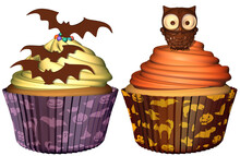 3D Illustration Of Two Halloween Inspired Cupcakes. Aesthetic Frosting Swirls Embellish The Desserts, Complemented By Chocolate Cake Decorations In Form Of An Owl And Of Flying Bats.