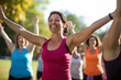 © JuanM - Mature woman leading a yoga class. Generative AI.