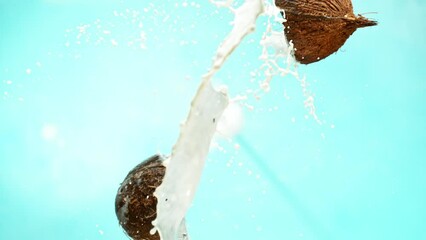 Aufkleber - Super Slow Motion of Coconuts With Milk Splash. Filmed on High Speed Cinema Camera, 1000 fps. Isolated on Blue Background.