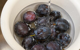 Fototapeta  - Ciemne fioletowe śliwki w misce z wodą,  myć owoce