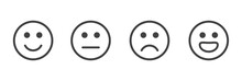 Face Smile Icon Positive, Negative And Neutral Opinion Vector Rate Signs, Emoticons Mood Scale On White Background. Angry, Sad, Neutral And Happy Emoticon Set. Funny Cartoon Emoji Icon. 