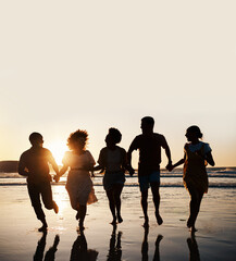 Poster - Silhouette, summer and friends holding hands at sunset beach for fun and travel. Banner space, men and women group running outdoor in water with love, support and happiness on vacation or holiday