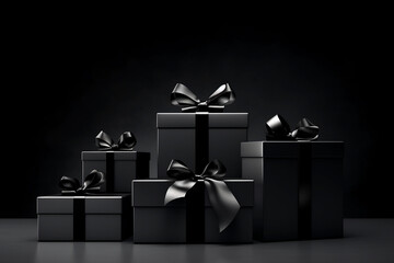 Dark gift boxes with satin ribbon and bows on black background. Holiday gift with copy space. Birthday or Christmas present. Christmas giftbox, Black friday concept.