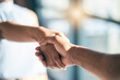 Handshake, introduction and hands of people meeting for partnership or agreement together as a team with trust. Greeting, accept and thank you or welcome gesture for deal, collaboration and support