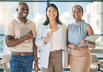 Smile, happy and portrait of business people in the office with confidence and collaboration. Young, career and face headshot of professional team of creative employees standing in a modern workplace