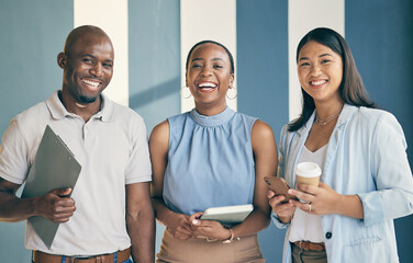 Canvas Print - Smile, laughing and portrait of a business people in the office with confidence and happiness. Young, career and face headshot of a team of professional lawyers standing in a modern legal workplace.