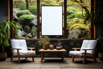 Poster - Two chairs and table in front of stone wall.