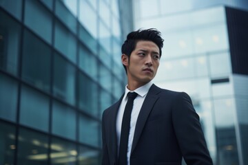 Young serious businessman Korean Japanese banker modern worker man Asian guy in business suit Chinese entrepreneur male CEO employer consultant standing in front off office company building outdoors
