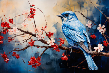 Wall Mural - Image of blue bird sitting on tree branch.