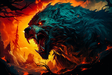 Wall Mural - Bear with its mouth open in front of fire filled sky.