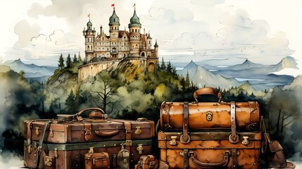 Sticker - Image of castle with suitcases in front of it.