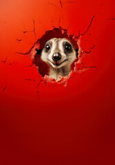 Poster - Meerkat or suricate mongoose with shocked surprised expression peeking through hole in cracked wall hole. Vertical banner with copy space below. Generative AI