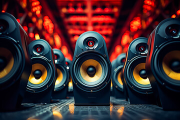 Wall Mural - Group of speakers sitting next to each other on table.