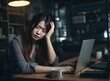 © Vladislava - Exhausted Asian businesswoman having a headache at office. Mature creative woman working at desk feeling tired. Stressed, formal, Chinese feeling eye pain overworking on desktop computer, AI Generated