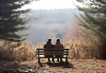 Young lgbt gay couple sitting on bench in park, looking at the natural field view, two men, winter, green. love, AI Generated