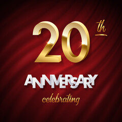 Wall Mural - 20 golden numbers, Anniversary white paper text and Celebrating word made of golden ribbons on red curtain background. Vector twenty anniversary celebration event square template