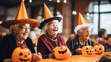 Seniors Competing In Pumpkin Decorating Contest, Happy Seniors Celebrating Halloween, Wide Banner With Copy Space Area Generative AI