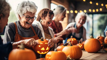 Seniors Engaging In A Pumpkin Carving Workshop, Happy Seniors Celebrating Halloween, Wide Banner With Copy Space Area Generative AI