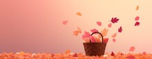 Colorful Leaves Fall Over Woven Basket In An Autumn