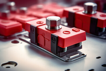 Enhancing Industrial Safety: Close-up of Red Interlock Switches with Metal Contacts in Advanced Technological Context