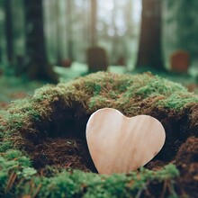 Funeral Wooden Heart Near A Fir Spruce Tree. Natural Burial Grave In The Forest Woods. Wood Heart On Grass Or Moss. Tree Burial, Forest Cemetery With Generative Ai