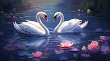 Elegant Swans On A Peaceful Lake Fantasy Concept Illustration