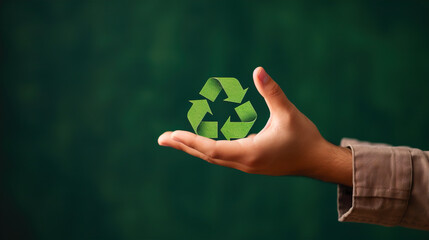 Recycling symbol in female hand on green background. Recycling concept	