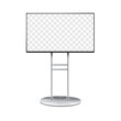 © ann_ounce - Digital video banner with transparent screen vector mock-up. Promotional LCD display stand realistic mockup. Monitor kiosk on metal frame base. Template for design