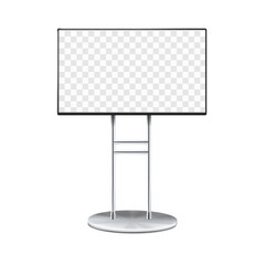Wall Mural - Digital video banner with transparent screen vector mock-up. Promotional LCD display stand realistic mockup. Monitor kiosk on metal frame base. Template for design