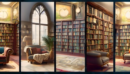 Wall Mural - library wallpaper luxury library bathed in warm golden light, where antique leather-bound books and soft textiles. Generate AI